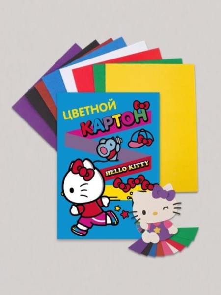 Картон цветной А4 немелованный 8 цв. "Hello Kitty", односторонний, 8 л 