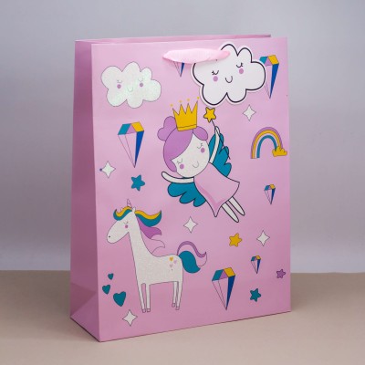 Пакет подарочный (L) "Unicorn and clouds ", pink (32*42*11.5)