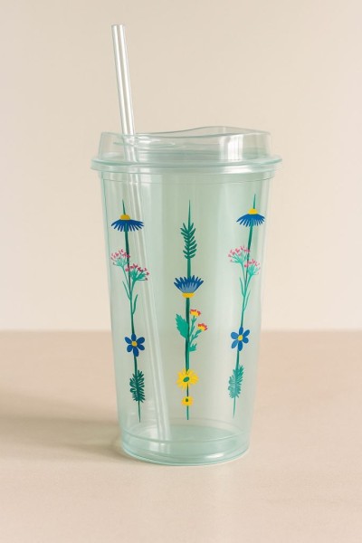 Стакан тамблер "Summer colors Flowers" с трубочкой, blue (400 ml) 