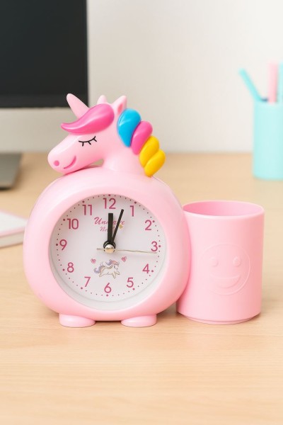 Часы-будильник с подставкой для канцелярии «Rainbow unicorn», pink (14х15 см) 