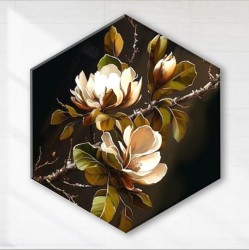 Картина по номерам с поталью "БЕЛАЯ МАГНОЛИЯ" (гексагон 37х32,18 цветов, чёрный холст)