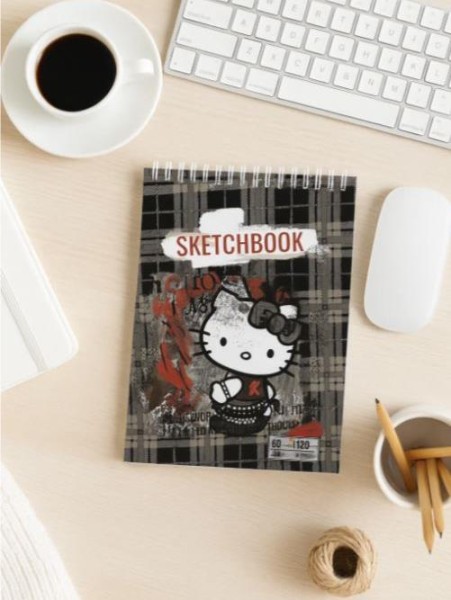 Скетчбук А5 "Hello Kitty. Серая клетка", 60 л, на гребне, плотность 120 г/м2 (201х147 мм) 