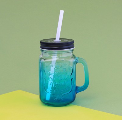 Кружка банка для напитков с трубочкой Colorful (синий)