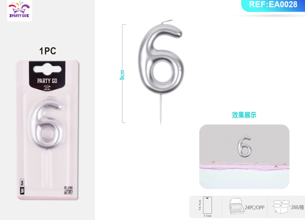 Свеча для торта "Silver glow" цифра 6, (6 см) 