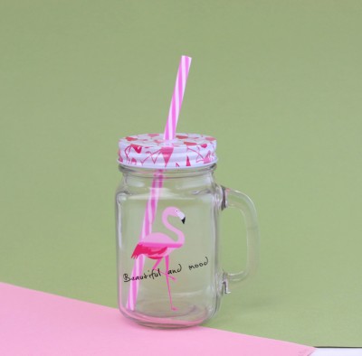 Кружка банка для напитков с трубочкой "Flamingo: beautiful and mood" (цветная крышка)
