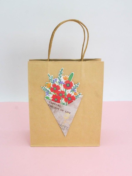 Пакет подарочный крафтовый «Brown Kraft», red flowers (21*25,5*10) 