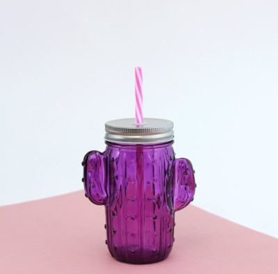 Кружка банка для напитков с трубочкой "Cactus" violet