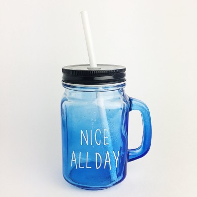 Кружка банка для напитков с трубочкой "Nice all day" (синяя)