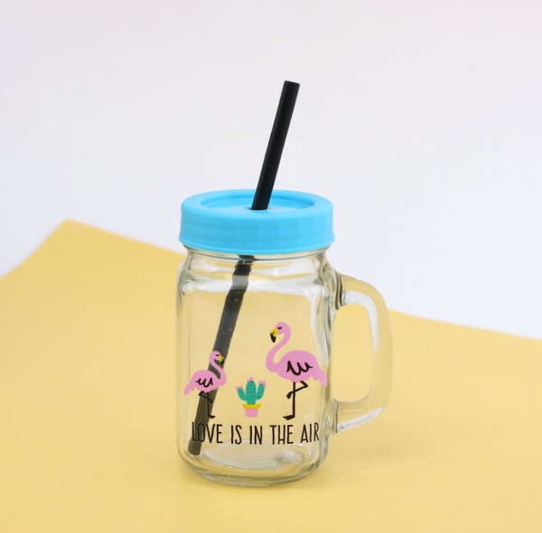 Кружка банка для напитков с трубочкой "Flamingo" blue 