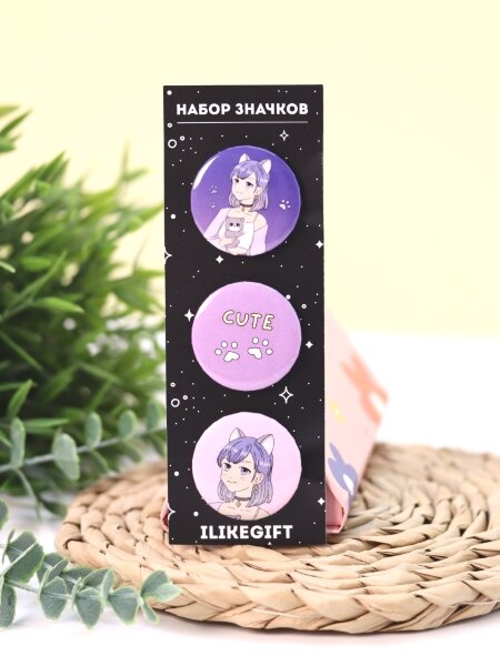 Набор значков 3 шт. iLikeGift Аниме "Cute cat Girl" 